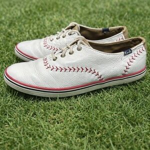 Keds Baseball Stitch Leather Shoes White Red Women’s Size 7 Lace-Up Sneakers